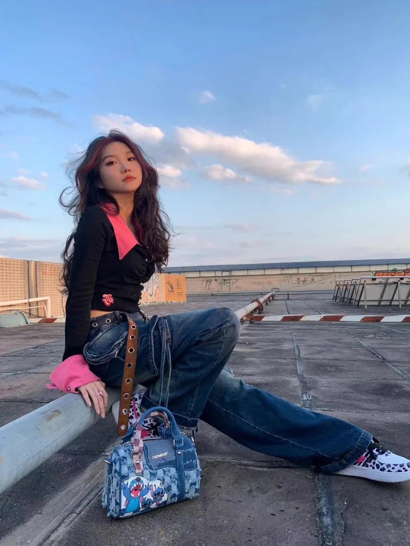 Disney Cartoon Stitch Denim Shoulder Bag – Crossbody Splicing Design Portable Pillow Bag