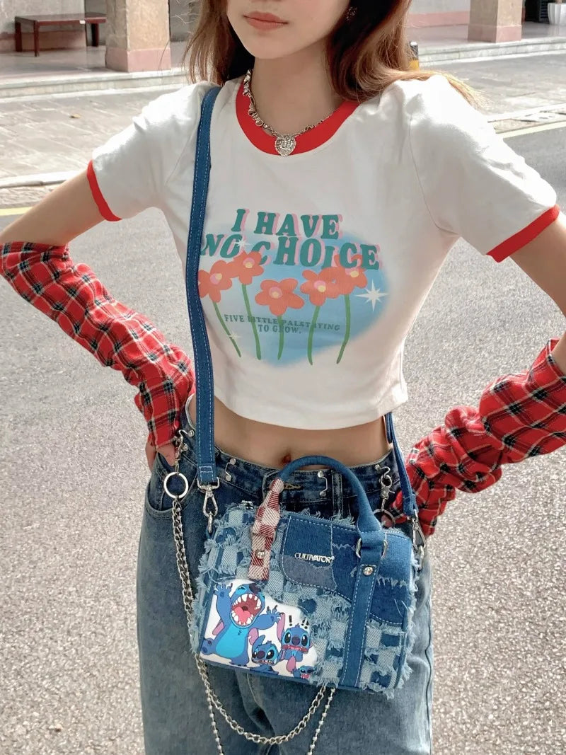 Disney Cartoon Stitch Denim Shoulder Bag – Crossbody Splicing Design Portable Pillow Bag